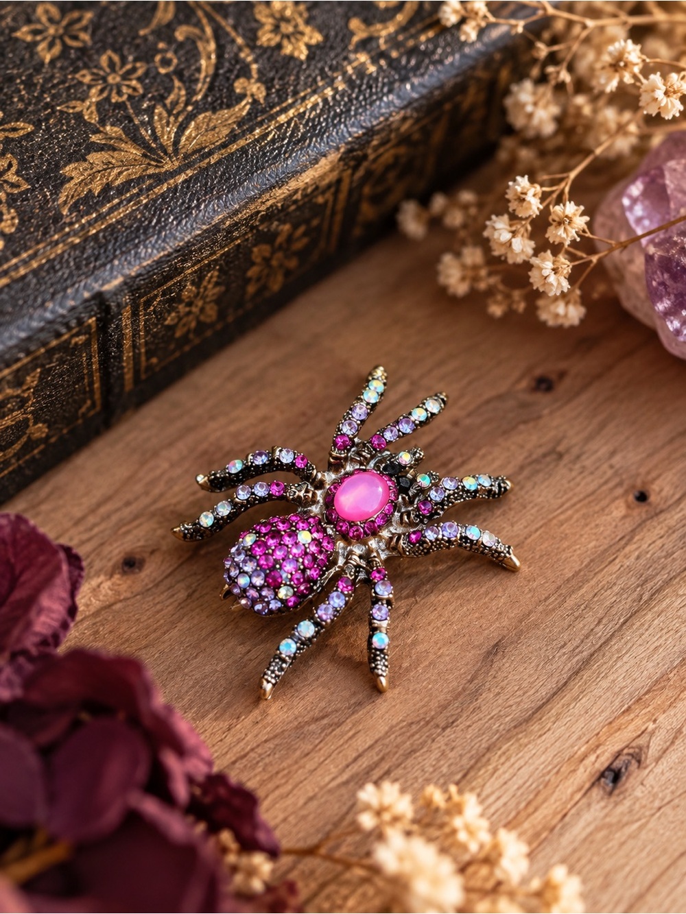 Vintage-Inspired Tarantula Spider Brooch in Pink Crystal